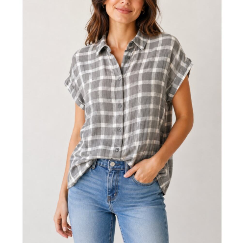 NEW Lucky Brand Women's Gray Plaid Cotton Tie Back Button Up Top Size S